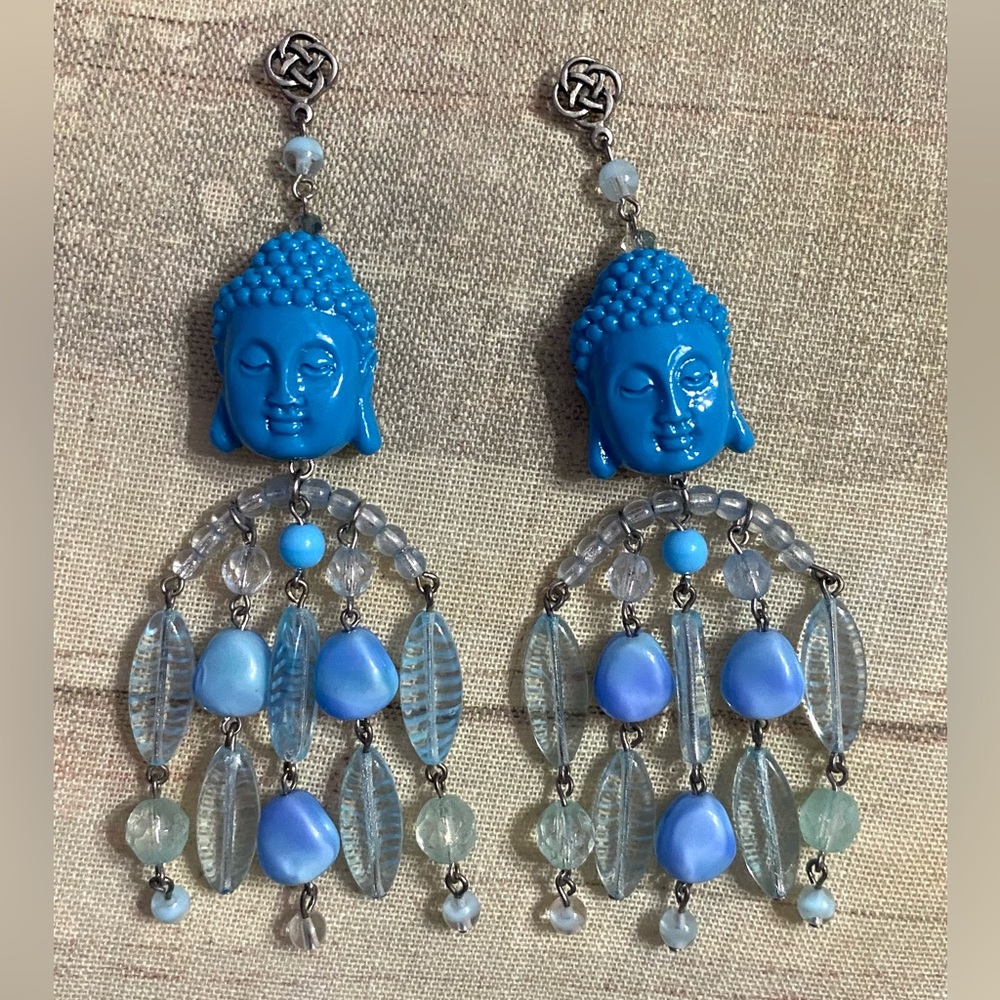 Buddha blue cascade infinity knot waterfall glass beaded earrings bohemian chic